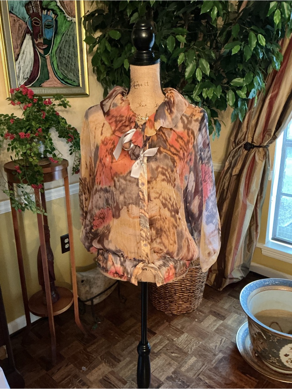 Women’s Abstract Print Tie-Neck Blouse in Peach and Taupe